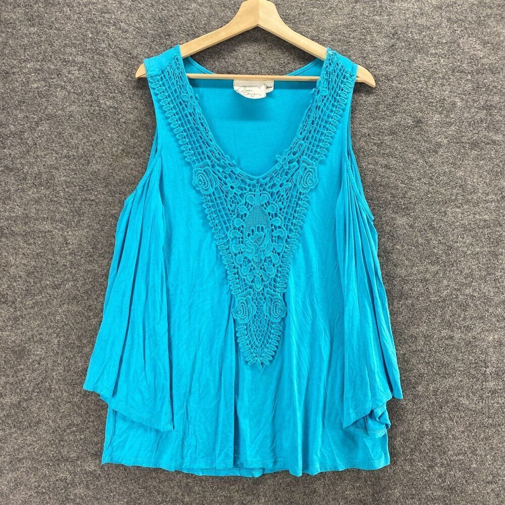 Green Dragon Blouse Women M Medium Blue Crochet Cold Shoulder Long Sleeve Rayon